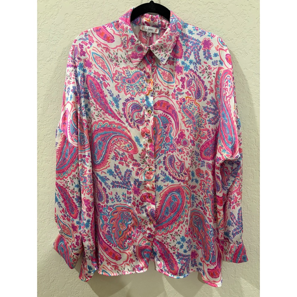 L Love Pink Blue Paisley Button Down Blouse Long Sleeve Oversized Top Medium